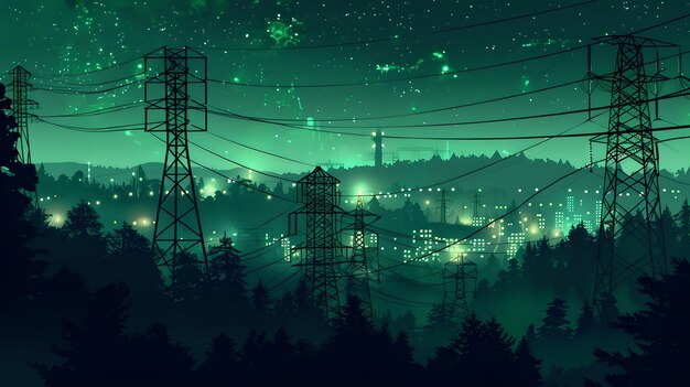 Enigmatic Twilight Energy Gridscape Serene Forest Scene with Power Lines Mystical Ambiance Ethereal Night Sky PostIllustration Style Digital Artwork AI