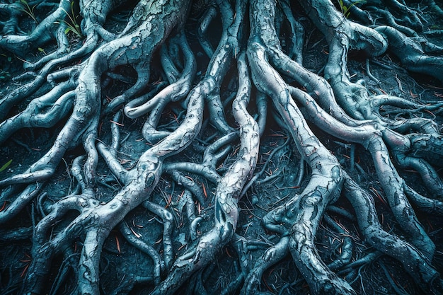 Photo enigmatic twisting tree roots creating a natural network in a mystical forest setting