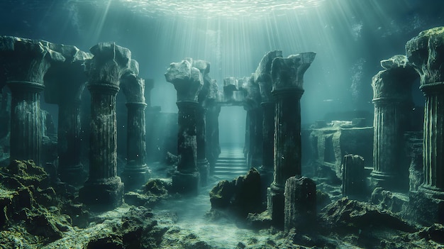 Photo enigmatic underwater ruins with sunken columns and fish