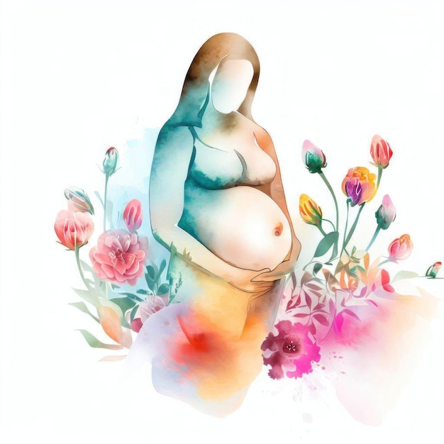 Загадочная акварельная иллюстрация беременных женщин, наслаждающихся красотой цветов, созданная Джином
