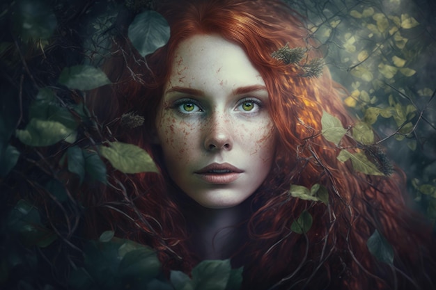 Enigmatic Woman with Cascading Auburn Hair and Glistening Eyes in a Forest