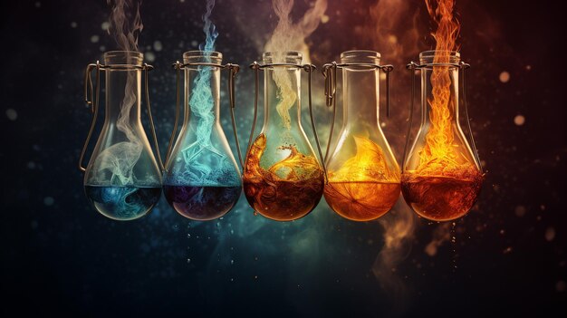 enigmatic world of alchemical transformation Watch as a symphony of diverse liquids merge and intertwine creating a mesmerizing display that symbolizes the profound and mysterious nature of change