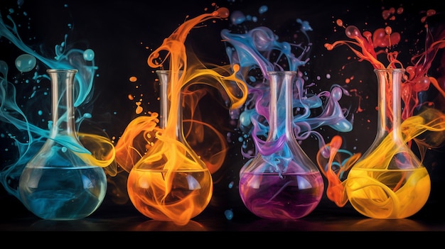 Photo enigmatic world of alchemical transformation watch as a symphony of diverse liquids merge and intertwine creating a mesmerizing display that symbolizes the profound and mysterious nature of change