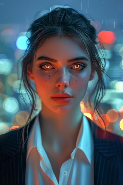 Enigmatic Young Woman with Luminous Eyes Standing Against a Blurry City Nightscape Bokeh Lights