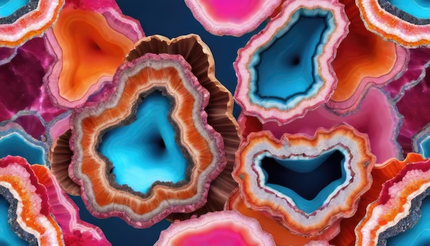 Enigmatische dieptes Stralende Geode Symfonie in Cerulean Rood Oranje en Bubblegum Roze