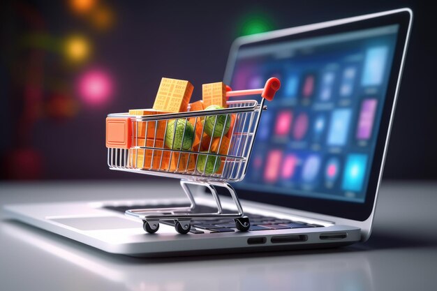 Photo enjoy the 3d rendering of a shopping cart with food on a laptop it symbolizes the convenience of on