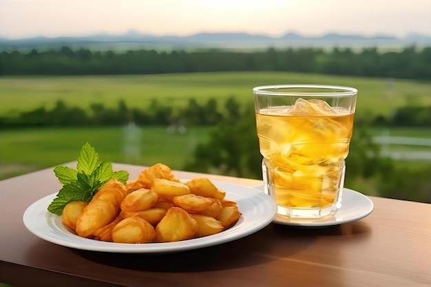 Photo enjoy brunch snacks at the cozy garden with duchess potato and ice tea on the wooden table