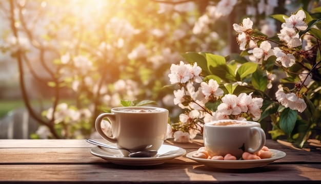 꽃과 함께 따뜻한 커피 한 잔을 즐기세요 Generative AI