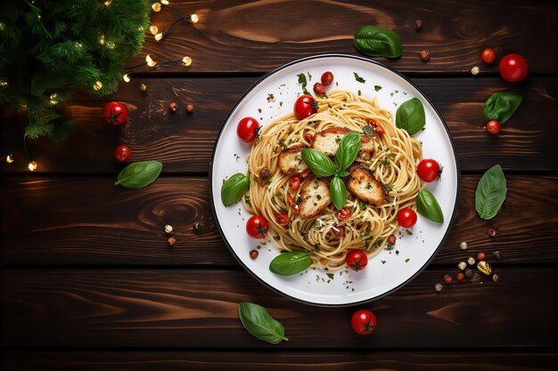 Photo enjoy christmas dinner eve at home with carprese chicken pasta and soda with christmas decoration