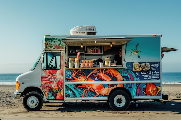 Наслаждайтесь вкусными закусками под шум волн в этом фургоне с едой, припаркованном на пляже. Грузовик с едой, продающий свежие морепродукты, на фоне океана Сгенерировано AI