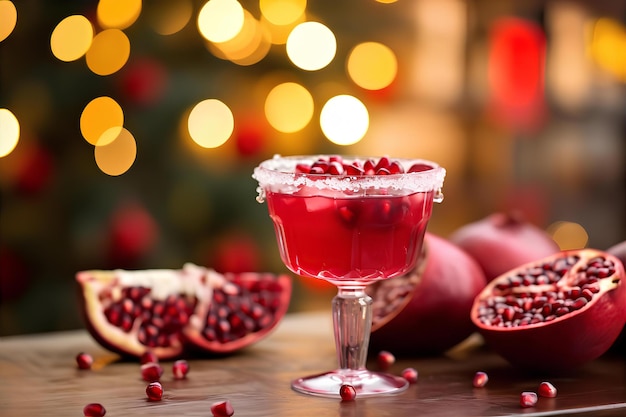 Enjoy Evening Party with Pomegranate Margarita on the Wooden Table with Outdoor Setup Background