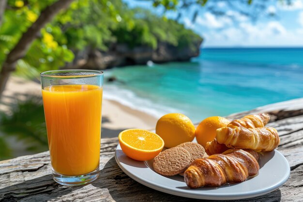 Foto godere di cibo e bevande con la vista spiaggia pubblicità professionale fotografia di cibo