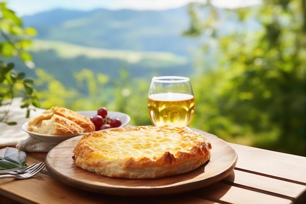 Photo enjoy the garden nature view with easy baked brie and drink for brunch on the outdoor wooden table