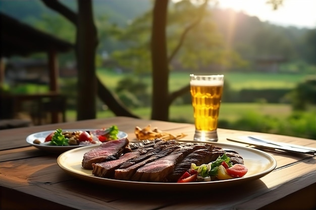 Foto godetevi la vista del giardino nel pomeriggio con carne arrostita e bevande gassate per il pranzo sul tavolo di legno