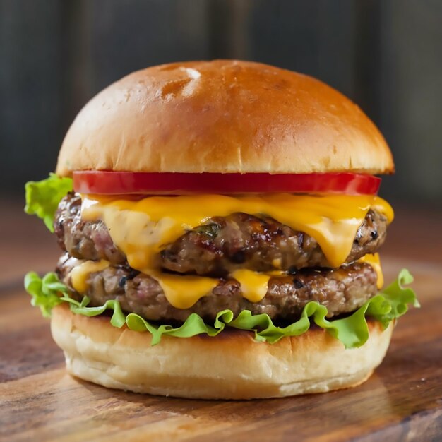 Наслаждайтесь сочным гамбургером на булочке с американским сыром, салатами и помидорами.