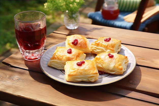 Photo enjoy lunch snacks at the back yard with puff pasty cranberry and juice on the wooden table