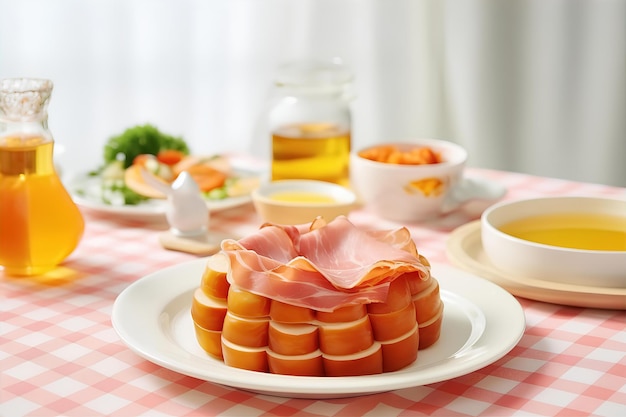 Enjoy Morning Breakfast at the Dining Room with Honey Glazed Ham and Tea on the Wooden Table