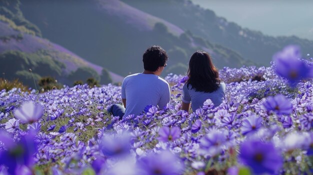 ピクニック 紫色の花の海に囲まれて 静かな音に囲まれています