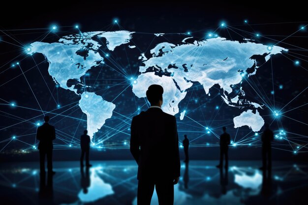 Photo enjoy the silhouette of a businessman looking at a global network hologram this 3d rendering symbol