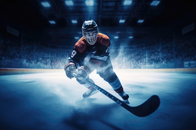 Фото Наслаждайтесь видом хоккеиста, играющего на льду во время игры. это произведение искусства передает