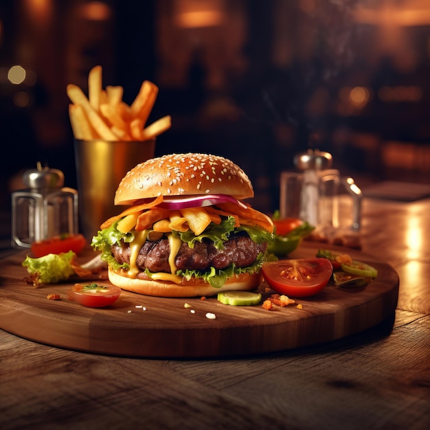 Enjoy the Ultimate Comfort Food in a Hipster Bar with a Sizzling Hamburger and Perfectly Cooked Fries on a Natural Wooden Platter Perfect for a LaidBack Night with Friends Generative AI