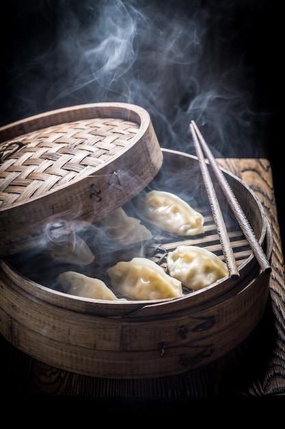 Enjoy your chinese dumplings in bamboo steamer