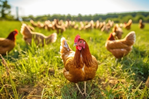 牧草地で放し飼いにされている鶏の楽しい写真