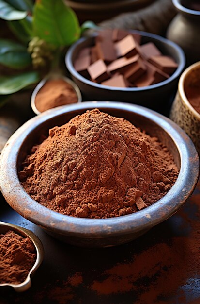 Enjoying baking closeup of cocoa powder and chocolate pieces with spices on a rustic wooden table