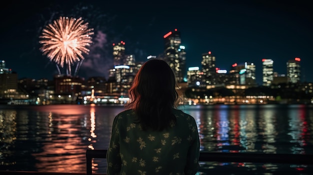 Enjoying city fireworks to celebrate AI generated