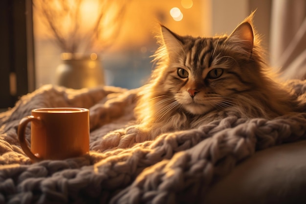 Enjoying coffee with Furry Feline Companion Generative Ai