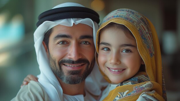 一緒に家族の時間を楽しむ 陽気なアラビアの母親 パパと娘は楽しんでいます