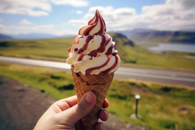 Foto gustare le delizie locali tenendo in mano il gelato sullo splendido scenario islandese