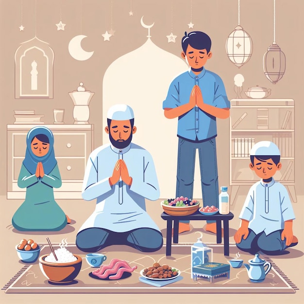 enjoying meal suhoor ramadan iftsr fasting illustration