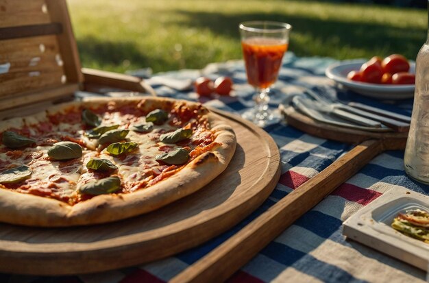 Enjoying pizza at an outdoor picnic