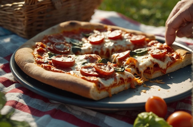 Enjoying pizza at an outdoor picnic