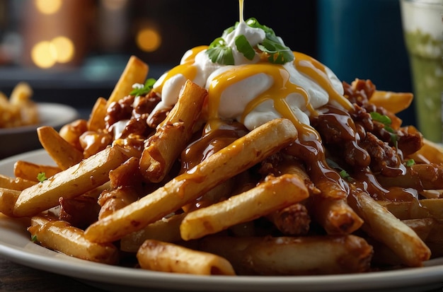 Enjoying Plate of Loaded Poutine Fries