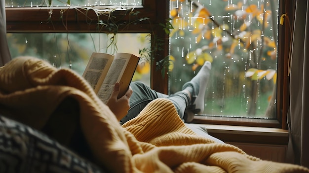 Enjoying a Rainy Day Indoors Person Reading Book by the Window