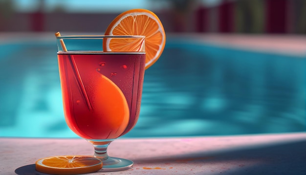 Enjoying a Refreshing Red Cocktail at the Edge of the Swimming Pool Generative AI