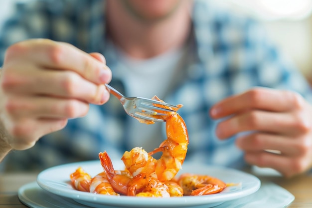 写真 海鮮を楽しむ男は家で煮たエビを味わう