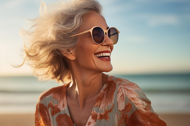 Enjoying Senior old woman Happy mature senior woman on beach