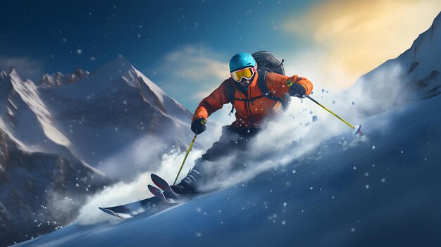 Enjoying skiing ski resort skier jumping winter holiday concept extreme winter sports slope skiing