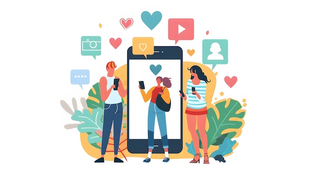 Photo enjoying social media on phones romantic illustration