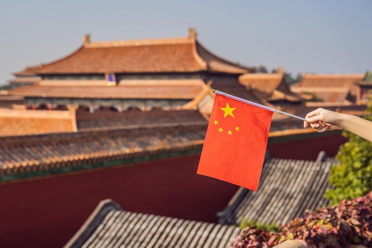Photo 中国での休暇を楽しんでいます紫禁城で中国の国旗を持つ若い女性中国への旅行コンセプトビザ無料トランジット72時間144時間中国で