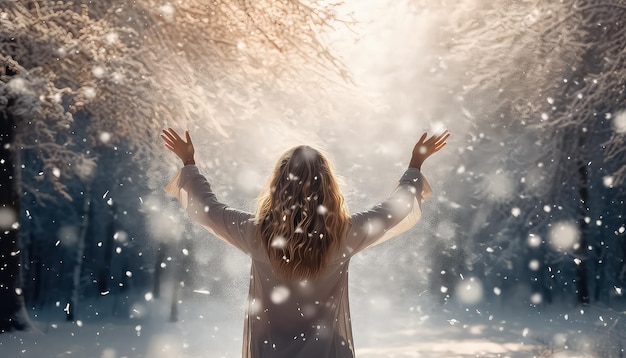 Enjoyment in winter a woman throws snow up