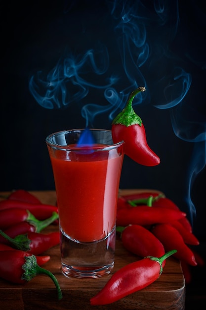 Enkel glas tomaat shot drankje cocktail met vlam en rook geserveerd op tafel met chilipepers