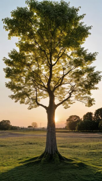 enkele boom in een park zonsondergang gouden uren ontspannende natuurfotografie