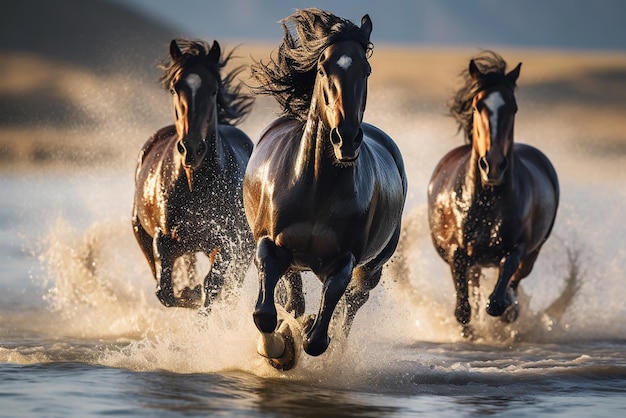 Enkele mooie wilde paarden die door het water van een rivier rennen