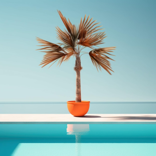 Enkele palm in een oranje container bij het zwembad Zomerkleuren vakantieconcept
