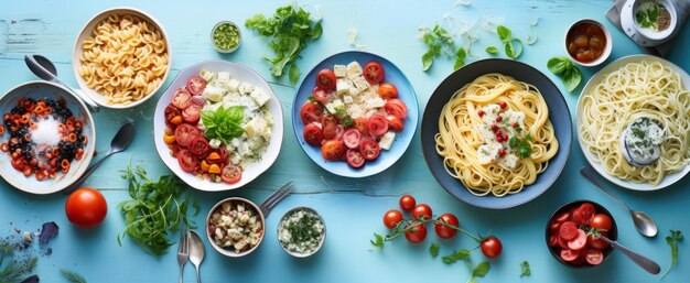 enkele pasta gerechten op tafel in wit en grijs