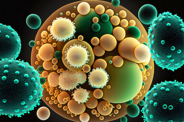 Enlarged species of microbiological colonies of yeast yellow green